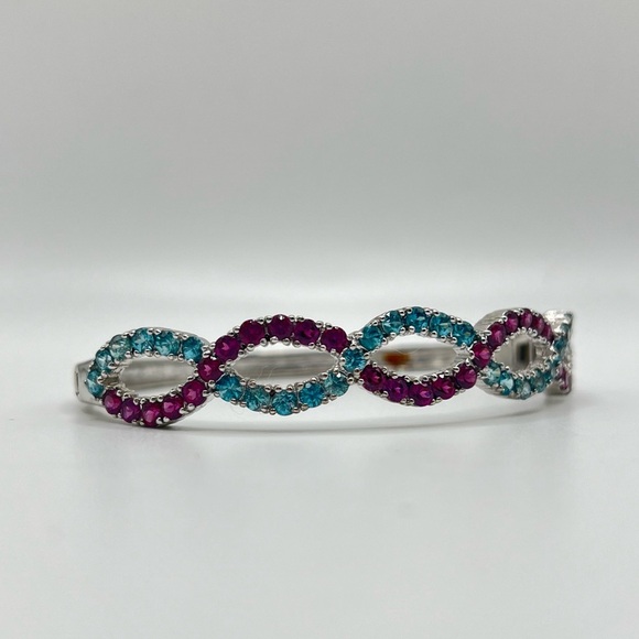 Genuine Blue Topaz and Purple Tourmaline Rhodium Finished 925 Bangle Bracelet - Picture 1 of 4